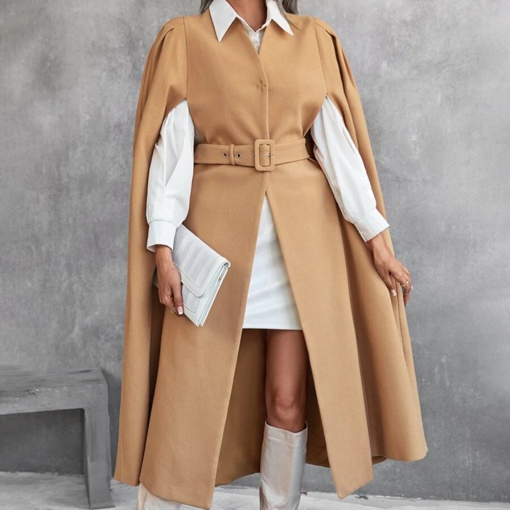 Contemporary Chic Tan Belted Long Cape Overcoat Jacket - Picture 7 of 7